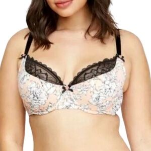 Cacique NWOT Floral Black Lace Lightly Lined French Balconette Bra Size 44F